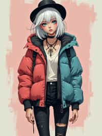 full body of a street punk woman student, blue eyes, bubble jacket, hat, white hair by atey ghailan, by greg rutkowski, by greg tocchini, by james gilleard, by joe fenton, by kaethe butcher, gradient pink, black, brown and light blue color scheme, grunge aesthetic