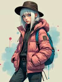 full body of a street punk woman student, blue eyes, bubble jacket, hat, white hair by atey ghailan, by greg rutkowski, by greg tocchini, by james gilleard, by joe fenton, by kaethe butcher, gradient pink, black, brown and light blue color scheme, grunge aesthetic