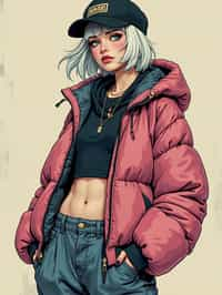 full body of a street punk woman student, blue eyes, bubble jacket, hat, white hair by atey ghailan, by greg rutkowski, by greg tocchini, by james gilleard, by joe fenton, by kaethe butcher, gradient pink, black, brown and light blue color scheme, grunge aesthetic