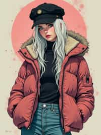 full body of a street punk woman student, blue eyes, bubble jacket, hat, white hair by atey ghailan, by greg rutkowski, by greg tocchini, by james gilleard, by joe fenton, by kaethe butcher, gradient pink, black, brown and light blue color scheme, grunge aesthetic