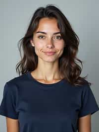 woman as official passport photo for government documents. wearing a dark blue navy t-shirt. photorealistic. light gray background. entire face visible. entire head visible