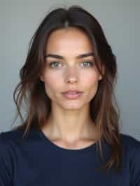 woman as official passport photo for government documents. wearing a dark blue navy t-shirt. photorealistic. light gray background. entire face visible. entire head visible