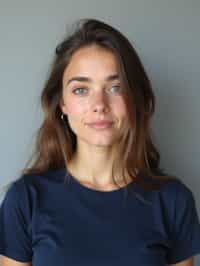 woman as official passport photo for government documents. wearing a dark blue navy t-shirt. photorealistic. light gray background. entire face visible. entire head visible