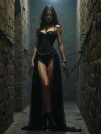 gothic woman, bound by chains and barbed wire in a dungeon, very tight corset, high heels