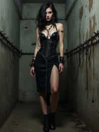 gothic woman, bound by chains and barbed wire in a dungeon, very tight corset, high heels