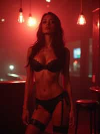 woman in  sexy lingerie  as a stripper in strip club. wide shot. cinematic lighting