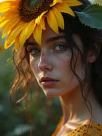 Close face shot of a woman with a sunflower in hair, summer season, moody scene,, intricate, sharp details, summer vibe, gorgeous scene by gaston bussiere, craig mullins, somber lighting, drawn by giacomo burattini, inspired by graphic novel cover art, hyperrealistic, 8 k by rhads