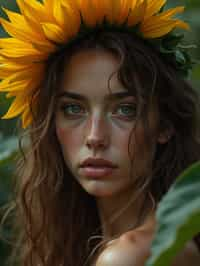 Close face shot of a woman with a sunflower in hair, summer season, moody scene,, intricate, sharp details, summer vibe, gorgeous scene by gaston bussiere, craig mullins, somber lighting, drawn by giacomo burattini, inspired by graphic novel cover art, hyperrealistic, 8 k by rhads