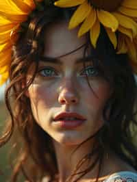 Close face shot of a woman with a sunflower in hair, summer season, moody scene,, intricate, sharp details, summer vibe, gorgeous scene by gaston bussiere, craig mullins, somber lighting, drawn by giacomo burattini, inspired by graphic novel cover art, hyperrealistic, 8 k by rhads