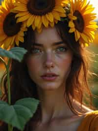 Close face shot of a woman with a sunflower in hair, summer season, moody scene,, intricate, sharp details, summer vibe, gorgeous scene by gaston bussiere, craig mullins, somber lighting, drawn by giacomo burattini, inspired by graphic novel cover art, hyperrealistic, 8 k by rhads