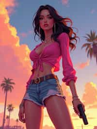 woman, gta vice city cover art, borderlands style, celshading, trending on artstation, by rhads, andreas rocha, rossdraws, makoto shinkai, laurie greasley, lois van baarle, ilya kuvshinov and greg rutkowski