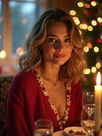 woman at Christmas dinner wearing Christmas style clothes. Christmas tree in background. Christmas lights