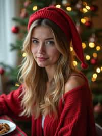 woman at Christmas dinner wearing Christmas style clothes. Christmas tree in background. Christmas lights