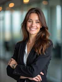 wide LinkedIn profile photo of a professional business woman as a confident professional business woman standing in a modern office. LinkedIn professional profile photo. most popular person on LinkedIn