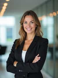 wide LinkedIn profile photo of a professional business woman as a confident professional business woman standing in a modern office. LinkedIn professional profile photo. most popular person on LinkedIn