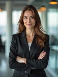 wide LinkedIn profile photo of a professional business woman as a confident professional business woman standing in a modern office. LinkedIn professional profile photo. most popular person on LinkedIn