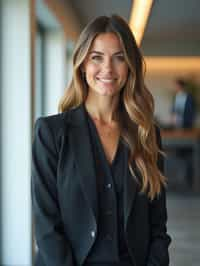 wide LinkedIn profile photo of a professional business woman as a confident professional business woman standing in a modern office. LinkedIn professional profile photo. most popular person on LinkedIn