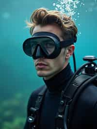 man as a scuba diver wearing diving goggles and wearing a wetsuit