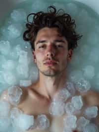 man lying in a bath of ice cubes