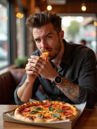 man sitting in a restaurant eating a large pizza