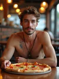 man sitting in a restaurant eating a large pizza