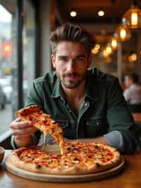 man sitting in a restaurant eating a large pizza