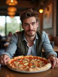 man sitting in a restaurant eating a large pizza