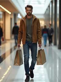 man walking in a shopping mall, holding shopping bags. shops in background