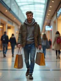 man walking in a shopping mall, holding shopping bags. shops in background