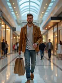 man walking in a shopping mall, holding shopping bags. shops in background