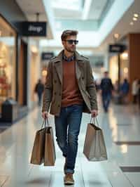 man walking in a shopping mall, holding shopping bags. shops in background