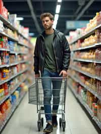 man in Supermarket walking with Shopping Cart in the Supermarket Aisle. Background of Supermarket