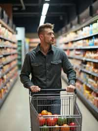 man in Supermarket walking with Shopping Cart in the Supermarket Aisle. Background of Supermarket