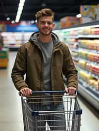 man in Supermarket walking with Shopping Cart in the Supermarket Aisle. Background of Supermarket