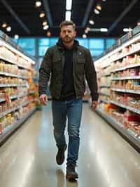 man in Supermarket walking with Shopping Cart in the Supermarket Aisle. Background of Supermarket