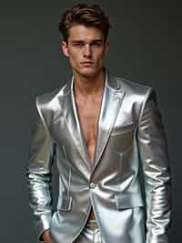 man in silver metallic style, wearing shiny metallic fashion