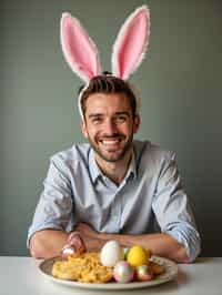 man dressed up for Easter with Easter Bunny Ears at the Easter Breakfast. Easter Eggs. Easter Bunny