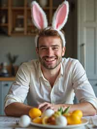 man dressed up for Easter with Easter Bunny Ears at the Easter Breakfast. Easter Eggs. Easter Bunny