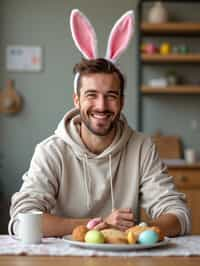 man dressed up for Easter with Easter Bunny Ears at the Easter Breakfast. Easter Eggs. Easter Bunny