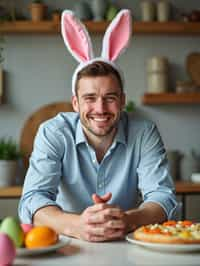 man dressed up for Easter with Easter Bunny Ears at the Easter Breakfast. Easter Eggs. Easter Bunny