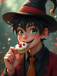 man as the personification of the Halloween holiday in the form of man with a villain's smile, (cute)cute hats, cute cheeks, unreal engine, highly detailed, artgerm digital illustration, woo tooth, studio ghibli, deviantart, sharp focus, artstation, by Alexei Vinogradov bakery, sweets, emerald eyes