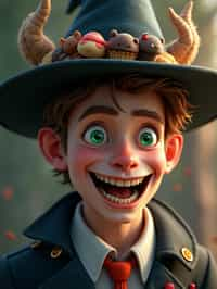 man as the personification of the Halloween holiday in the form of man with a villain's smile, (cute)cute hats, cute cheeks, unreal engine, highly detailed, artgerm digital illustration, woo tooth, studio ghibli, deviantart, sharp focus, artstation, by Alexei Vinogradov bakery, sweets, emerald eyes