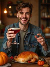 man celebrating Thanksgiving with cocktail and turkey meat in background