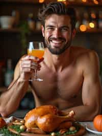 man celebrating Thanksgiving with cocktail and turkey meat in background