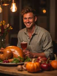 man celebrating Thanksgiving with cocktail and turkey meat in background