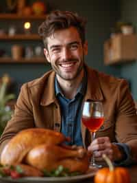 man celebrating Thanksgiving with cocktail and turkey meat in background