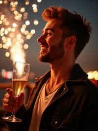 man celebrating New Year's Eve with champagne and Fireworks in background