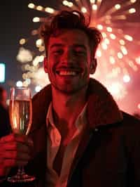 man celebrating New Year's Eve with champagne and Fireworks in background