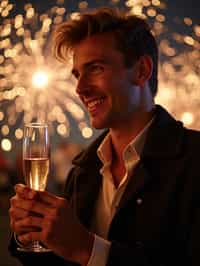 man celebrating New Year's Eve with champagne and Fireworks in background