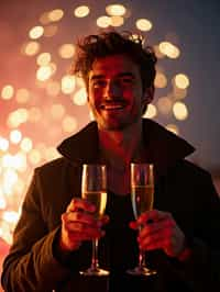 man celebrating New Year's Eve with champagne and Fireworks in background